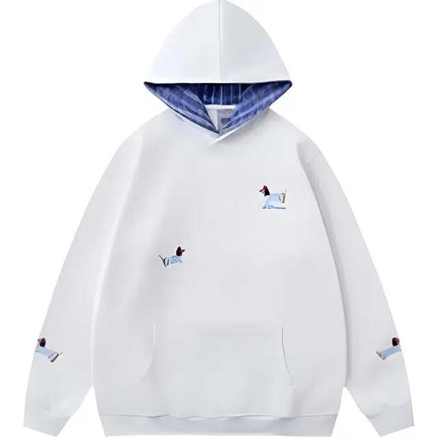 玉儿恋 美式复古小狗刺绣格子拼接连帽加绒宽松学院风国潮卫衣 男款