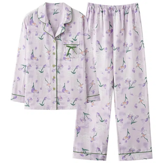 俏韵 翻领春秋季款云朵棉简约长袖甜美可爱薄款家居服可外穿睡衣套装 女款