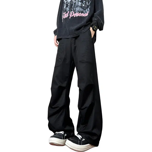 中国航天 轻薄透气舒适山系户外褶皱机能伞兵裤纯色基础款多口袋工装裤美式高街宽松垂感潮流运动阔腿百搭直筒休闲裤 男女同款