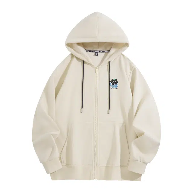 棉致 冰杯猫简约纯色牛奶丝抗皱无性别主义美式街头时尚舒适宽松休闲拉链开衫连帽卫衣 男女同款