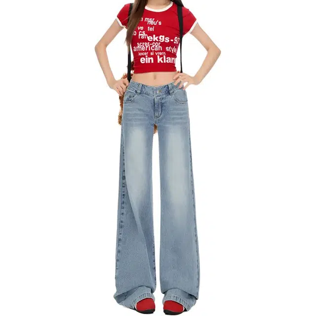 如续 美式复古夏季宽松低腰不贴腿直筒阔腿女牛仔裤 女款