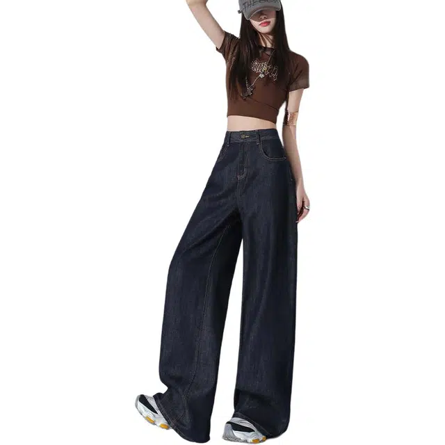 沐晓欣 阔腿裤高腰显瘦垂感直筒拖地裤牛仔裤 女款