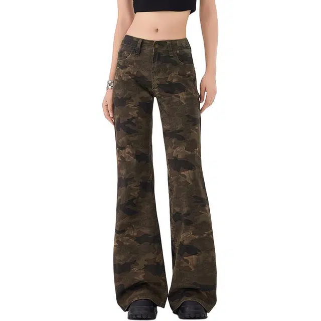 敲模女孩 甜酷风迷彩美式低腰修身设计感牛仔裤 女款