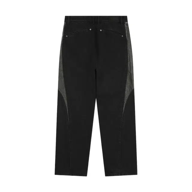 BESLOW CURVED LINE LEATHER DENIM PANTS
