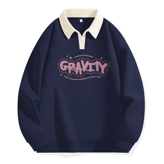 棉致 潮流百搭字母涂鸦翻领撞色学院风柔软舒适亲肤宽松落肩长袖卫衣 女款