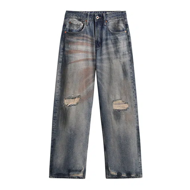 独驰 设计感磨破破洞水洗男街头美式复古宽松直筒痞帅扎染裤子牛仔裤 男女同款