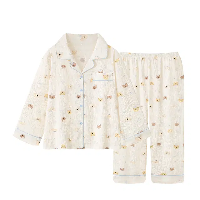 俏韵 翻领卡通小熊春秋季云朵棉长袖长裤甜美印花可爱薄款家居服可外穿睡衣套装 女款