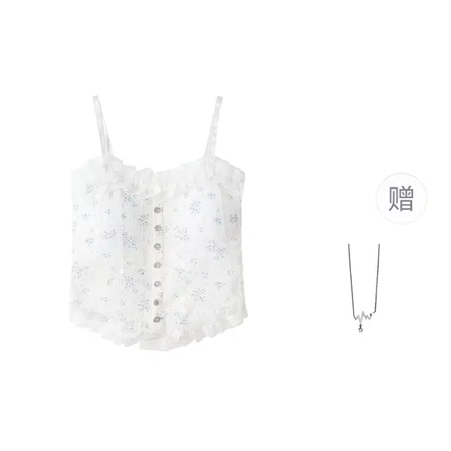 识恩 甜美印花蕾丝修身木耳女夏季带胸垫内搭上衣吊带 女款