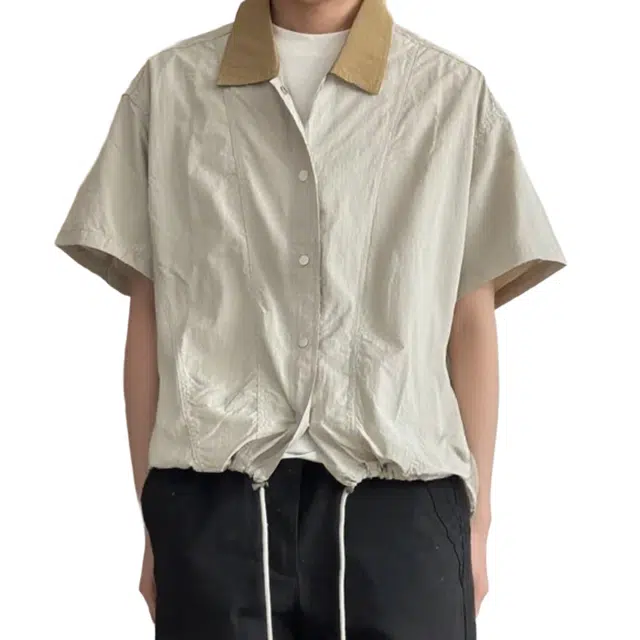 冈哉 美式工装撞色领口解构拼接下摆抽绳设计高级感松弛慵懒感透气速干宽松舒适户外休闲百搭短袖衬衫 男女同款