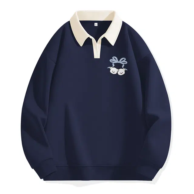 棉致 百搭樱桃小熊涂鸦翻领撞色学院风柔软舒适宽松卫衣 女款