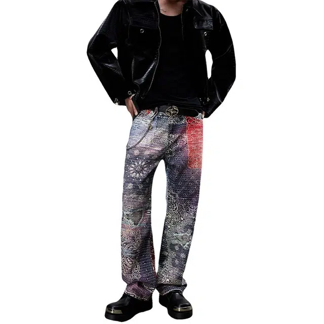 宝米卡 美式高街腰果花阔腿宽松直筒垂感国潮小众嘻哈痞帅裤子牛仔裤 男女同款