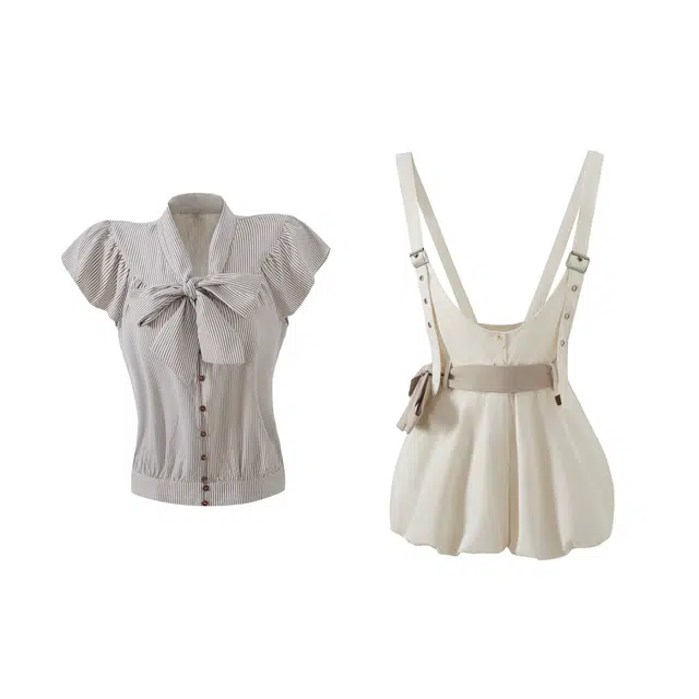 花山家的猫 学院风可爱俏皮日系甜美蝴蝶结条纹波点小飞袖衬衫收腰花苞背带裙裤休闲套装 女款