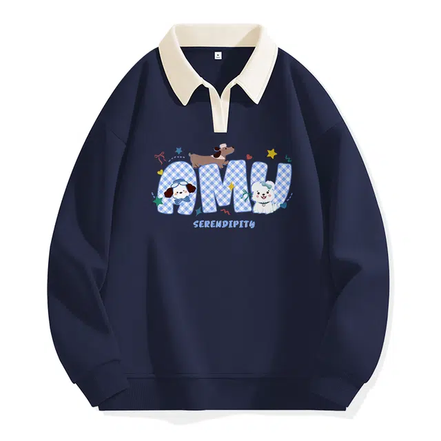 棉致 潮流百搭格纹小狗涂鸦翻领撞色学院风柔软舒适亲肤宽松落肩长袖卫衣 女款