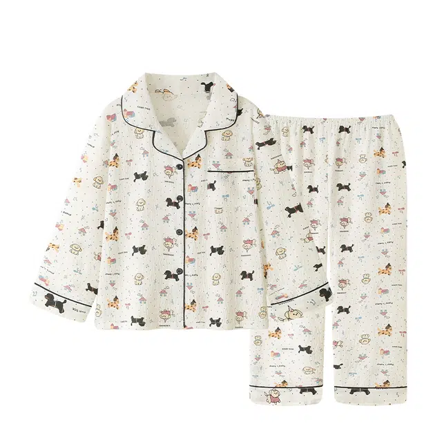 俏韵 翻领卡通小狗春秋季长袖长裤甜美印花可爱薄款家居服可外穿睡衣套装 女款