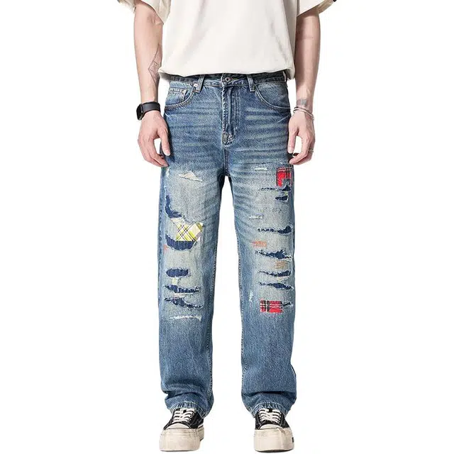 宝米卡 时尚潮流个性贴布刮烂破洞补丁直筒牛仔裤 男女同款