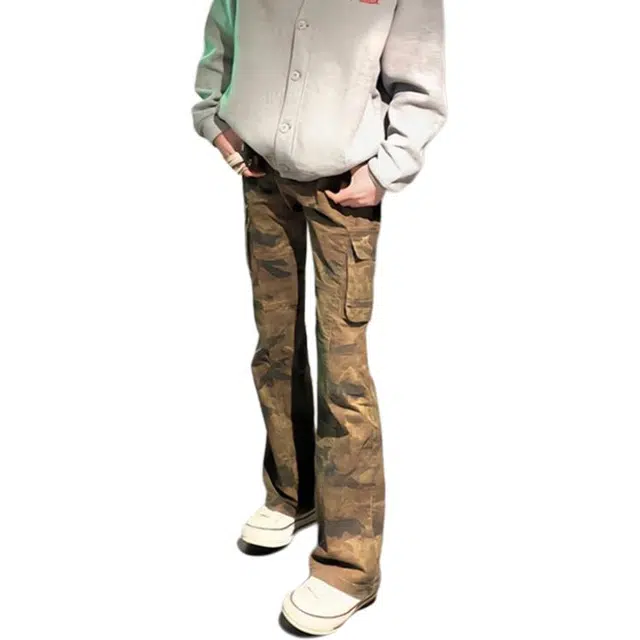 帝狼牛 美式复古多口袋微喇弯刀迷彩工装长裤牛仔裤 男女同款
