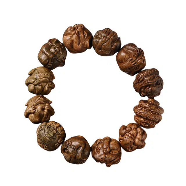 茂琼 简约 好运 时尚国潮犀角十二生肖佛珠文玩雕刻念珠高级感 绿檀 手串 男款