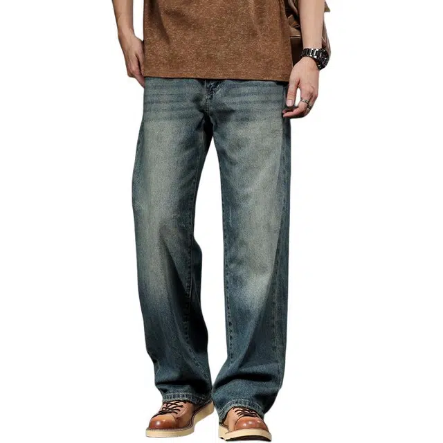 潮人榜 美式直筒裤宽松阔腿裤高端复古水洗休闲裤子牛仔裤 男女同款