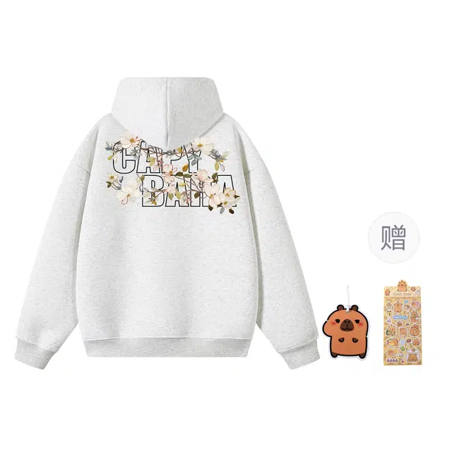 卡皮巴拉小黄豚 国潮高街重磅木兰花仿刺绣花卉字母印花宽松休闲学生党情侣百搭日常通勤户外运动连帽落肩套头卫衣外套 男女同款
