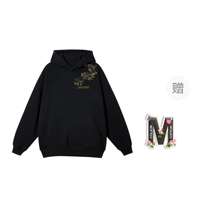 棉购 重磅黑金仿刺绣潮流连帽宽松加绒加厚中国风花卉印花上衣长袖卫衣 男女同款