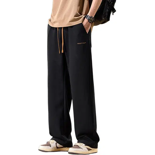 协协乐 高端针织棉春秋季美式刺绣宽松直筒工装阔腿垂坠感运动长裤卫裤休闲裤 男款