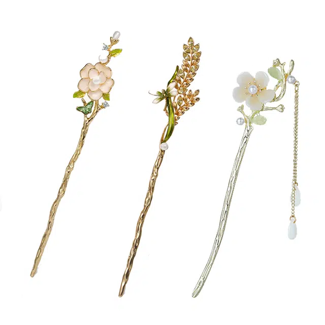 妖娆猫 古风花朵新中式三件礼盒装发钗步摇套装高级高发饰簪花头饰盘发神器 合金 发簪 女款