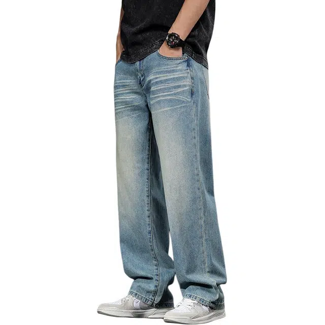 潮人榜 美式复古直筒裤春秋宽松潮牌垂感阔腿休闲裤子牛仔裤 男女同款
