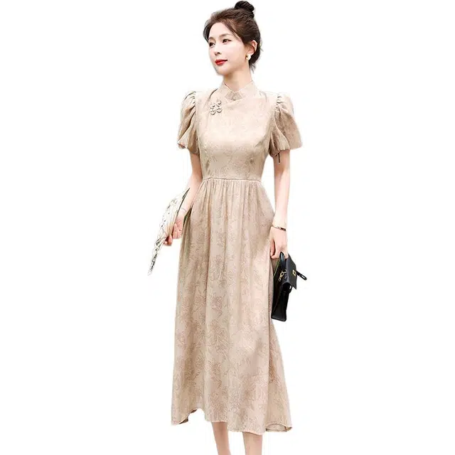 沐晓欣 植物花卉适中修身立领短袖连衣裙 女款