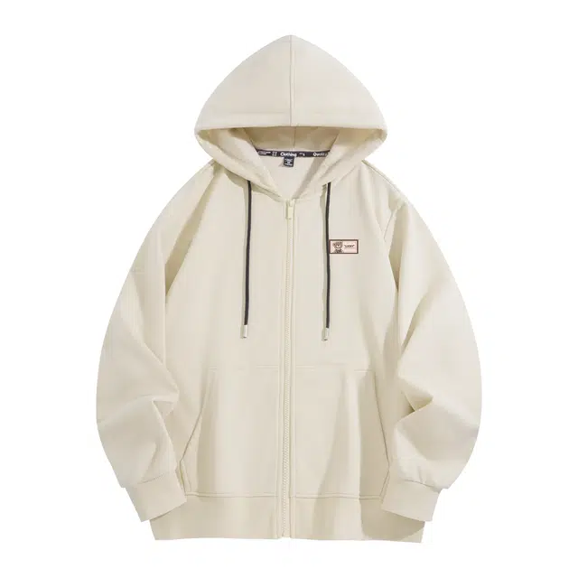 棉致 小熊标签简约纯色牛奶丝抗皱无性别主义美式街头时尚舒适宽松休闲拉链开衫连帽卫衣 男女同款