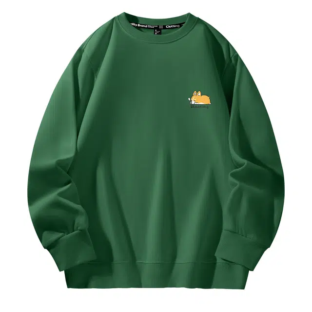 棉致 瞌睡小狗简约纯色复古休闲柔软抗皱舒适基础百搭美式街头宽松落肩套头圆领卫衣 男女同款