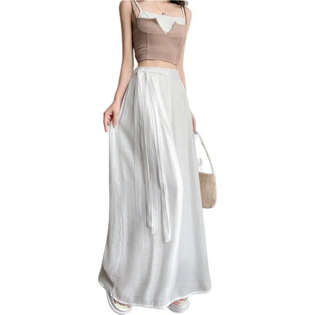 丝絮丝绸 蕾丝系带棉麻阔腿裤女夏季冰丝垂感宽松拖地裤裙休闲裤 女款