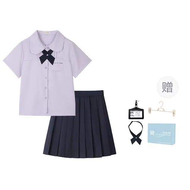 冰淇淋与鲸 学院风泰式校服学生开学季甜美可爱娃娃领衬衫短袖百褶裙子半身短裙裙装套装 女款