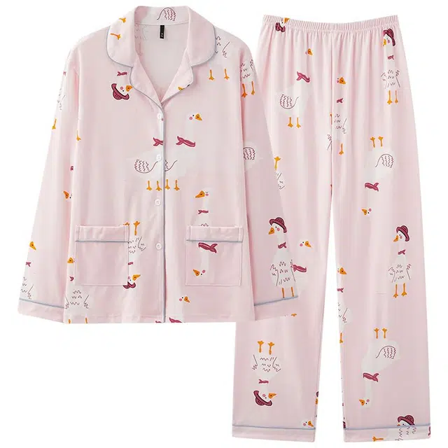 俏韵 翻领卡通春秋季简约舒适长袖长裤甜美可爱薄款家居服可外穿睡衣套装 女款