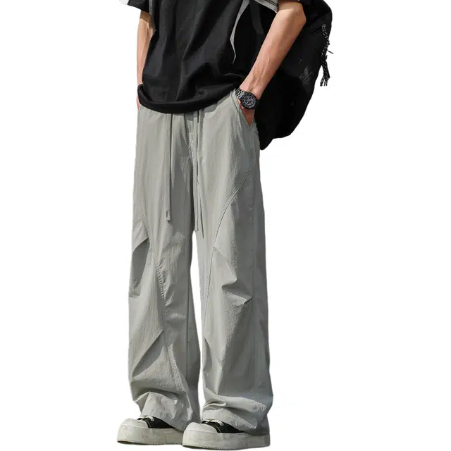 瑞梵帝斯 美式纯色高级垂感凉感透气时尚冰爽伞兵阔腿舒适百搭宽松高腰直筒裤休闲裤 男款