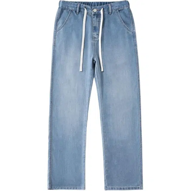 潮人榜 美式高街松紧腰抽绳设计感百搭潮牌宽松阔腿舒适透气垂感直筒裤莱赛尔天丝牛仔裤 男款