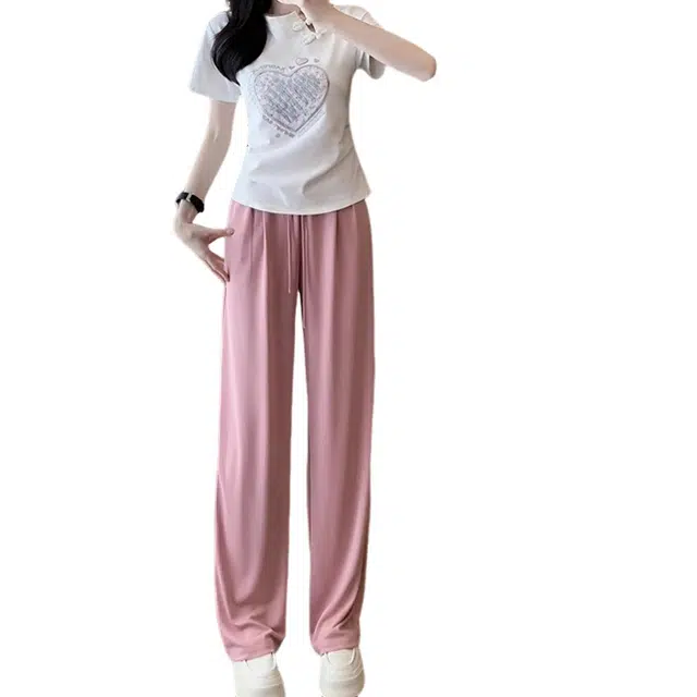 丝絮丝绸 新中式设计感修身显瘦短袖上衣高腰直筒裤两件套休闲套装 女款