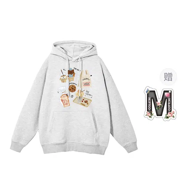 棉购 可爱甜美学院风可爱印花连帽立体基础款百搭卫衣 男女同款