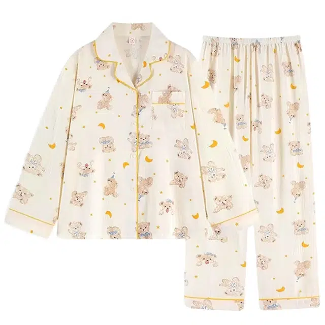 俏韵 翻领卡通小熊云朵棉舒适长袖甜美可爱薄款家居服可外穿睡衣套装 女款