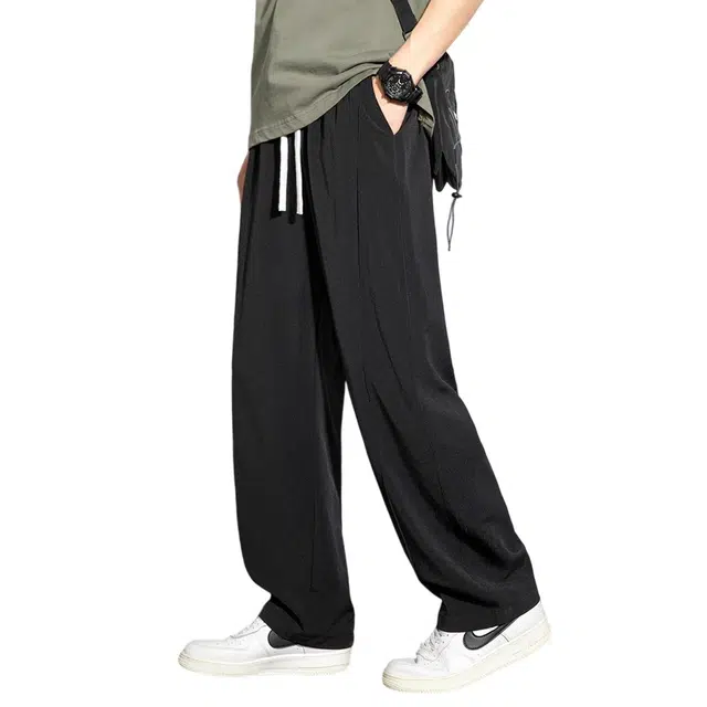 顶峰保罗 冰丝薄款直筒阔腿无性别主义纯色宽松大码纯色基础款垂感运动长裤弹力抽绳百搭简约时尚潮牌休闲裤 男女同款