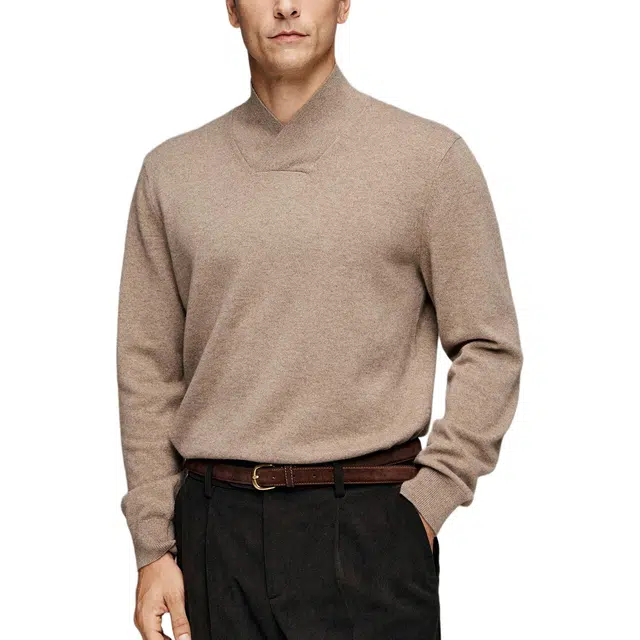 丹宁哲学 高端肤细腻冬季纯色常规长袖青果领修身型套头针织衫 男款