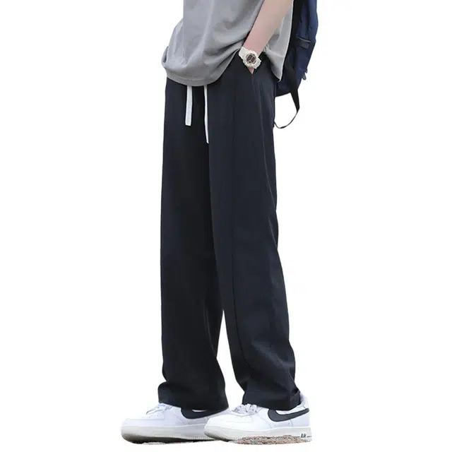顶峰保罗 冰丝直筒阔腿薄款无性别主义纯色宽松大码基础款垂感运动长裤弹力抽绳百搭简约时尚潮牌休闲裤 男女同款
