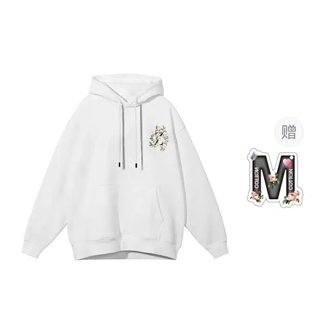 棉购 欧美高街复古休闲连帽重磅加厚套头个性甜美花朵印花宽松百搭落肩长袖外套卫衣 男女同款