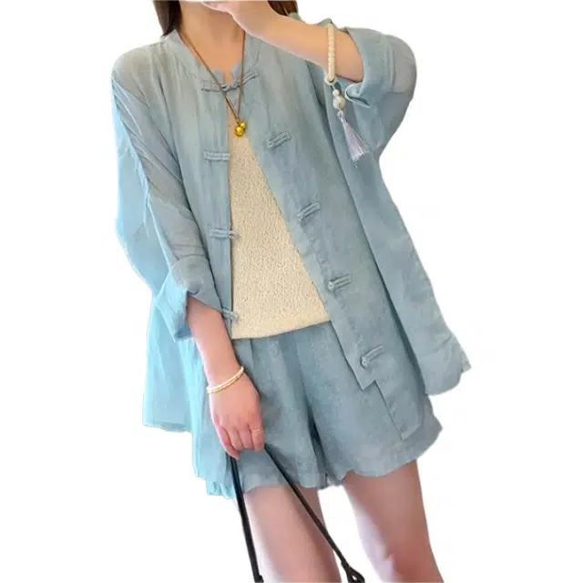 沐晓欣 大方得体穿搭一整套防晒盘扣衬衫裤子新中式国风套装 女款