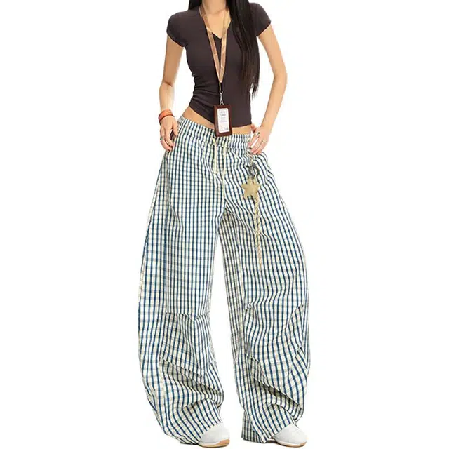 如续 星星挂饰裤子格子直筒裤女垂感慵懒阔腿裤休闲裤 女款