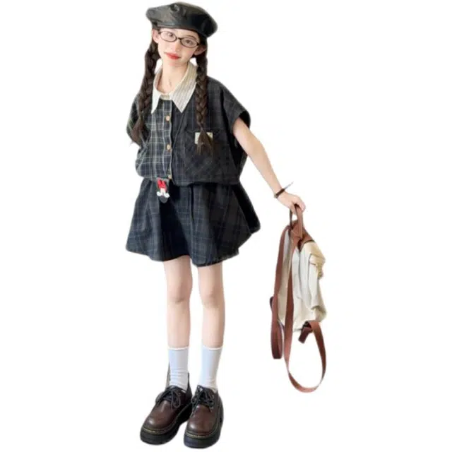 天才小熊休闲运动套装 女童夏季桃花皱大童潮牌小孩衣服 小女孩短袖洋气时髦 漂亮 甜美