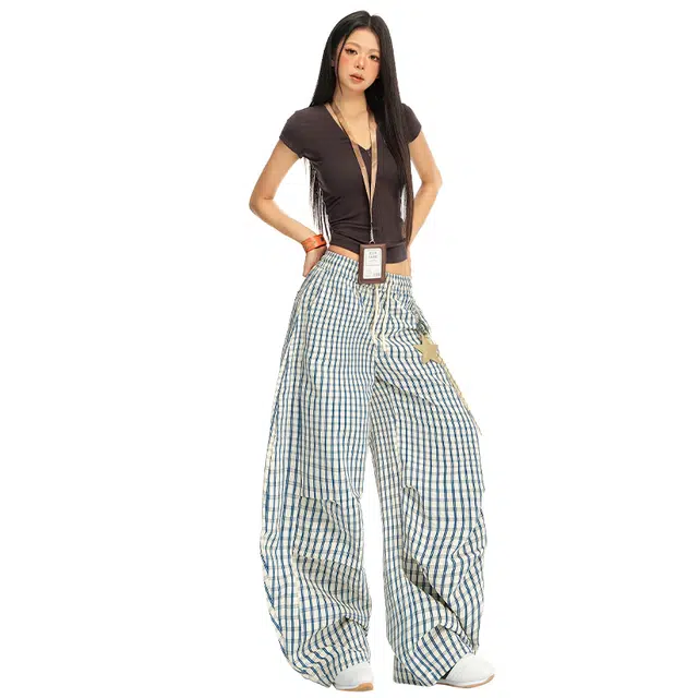 拾籍 慵懒风星星挂饰裤子格子直筒裤女夏季垂感百搭阔腿裤宽松休闲裤 女款