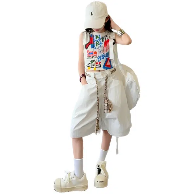 天才小熊休闲运动套装 女童夏季印花背心中裤大童潮牌小孩衣服 小女孩短袖洋气时髦 漂亮 甜美