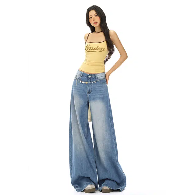 拾籍 美式高街高腰设计显瘦阔腿裤女夏季慵懒风宽松直筒拖地牛仔裤 女款