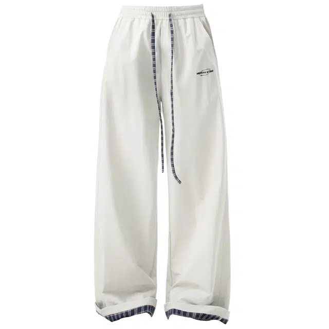 稻草人 美式高街百搭复古个性裤脚撞色拼接格子设计宽松舒适运动基础款中腰显高显瘦直筒垂感系带拖地休闲裤  男女同款