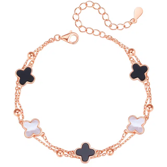 【幸运四叶草】 银千惠 时尚经典百搭 在逃公主精致优雅双层叠戴小众轻奢复古设计 礼盒装 玛瑙 手链 女款